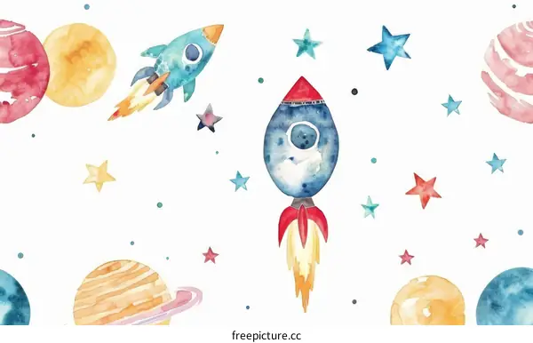 Watercolor Rockets and Stars Seamless Pattern