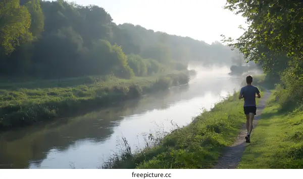 Man Running Along River Trail in Foggy Morning