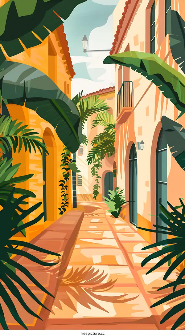 Tropical Street with Palm Trees and Yellow Buildings