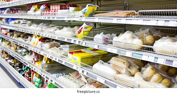 Supermarket Shelves Filled With Packaged Bread And Other Products