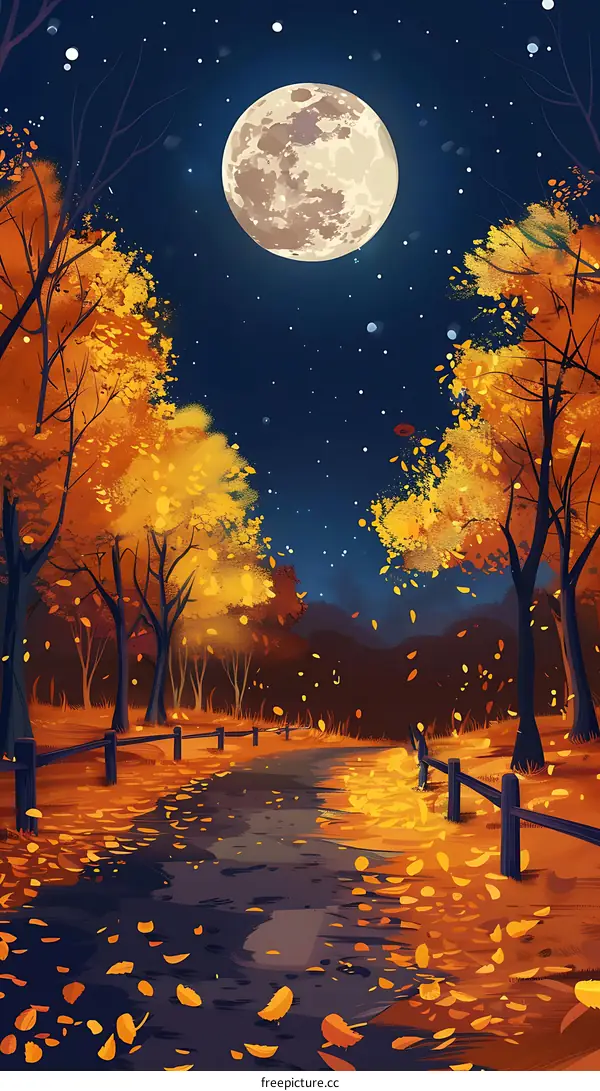 Autumn Night with Full Moon and Falling Leaves