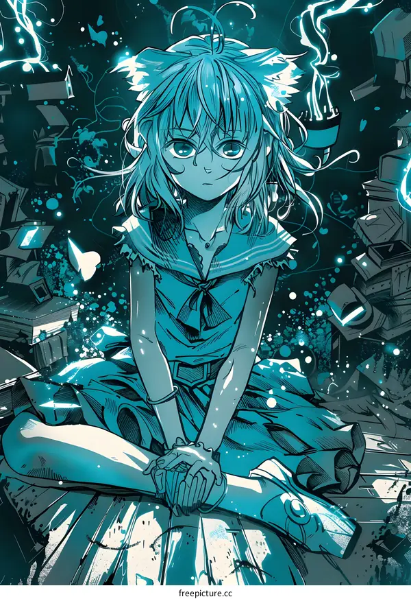 Anime Girl Sitting in a Blue and White World