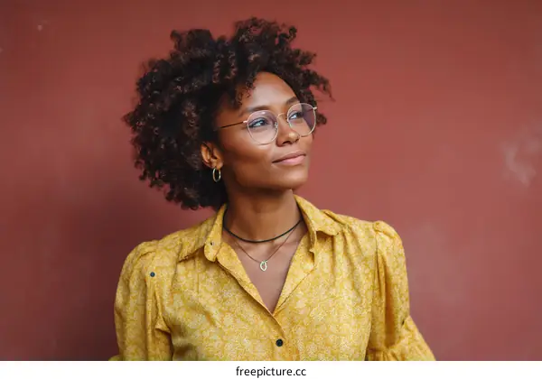 Portrait of Young Woman with Curly Hair and Eyeglasses