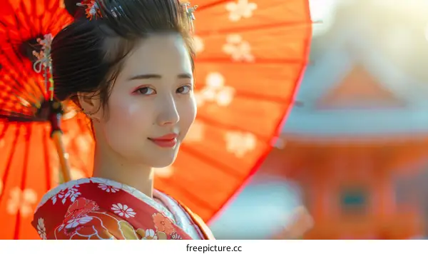 Portrait of a Japanese woman in traditional clothing, holding a red umbrella