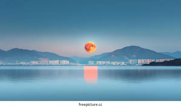 Lunar Eclipse over Cityscape and Lake
