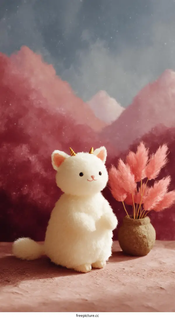 Cute Fluffy Stuffed Cat Illustration in Pink Landscape