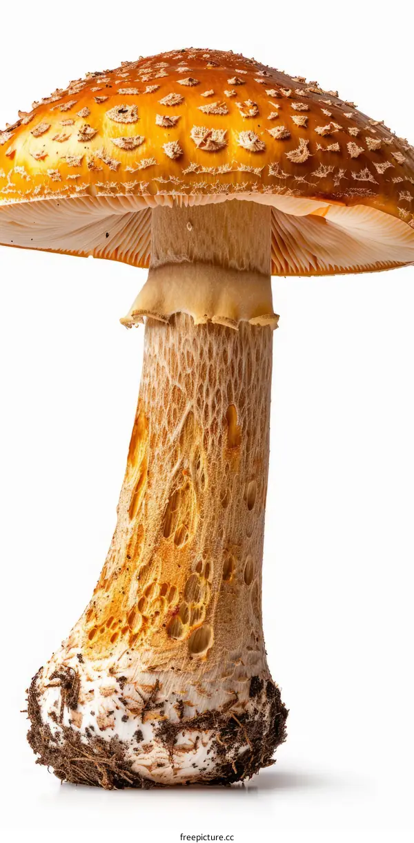 close up photo of a large orange mushroom with a white background