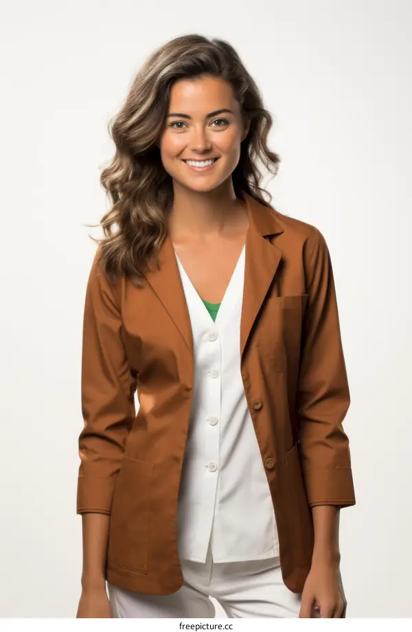 Young female doctor wearing brown lab coat