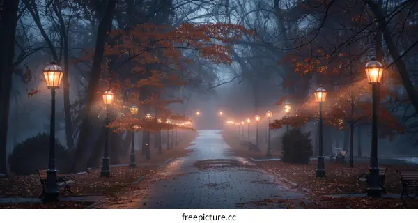 Foggy park with a path lit by streetlights