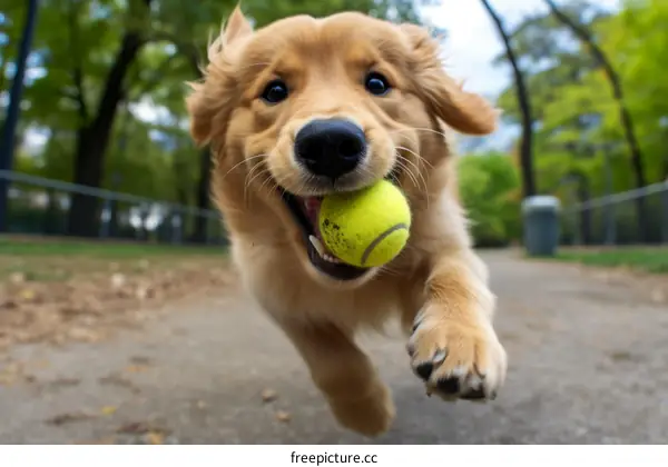 Golden Retriever Puppy Running with Tennis Ball