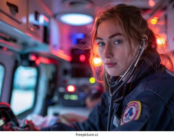 Portrait of a female paramedic in an ambulance