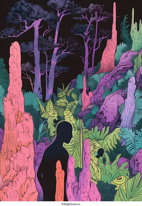 Surreal Illustration of a Person in a Lush Forest with Tall, Strange Trees