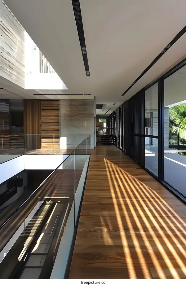 Modern Interior Design With Glass Railing And Wooden Floor