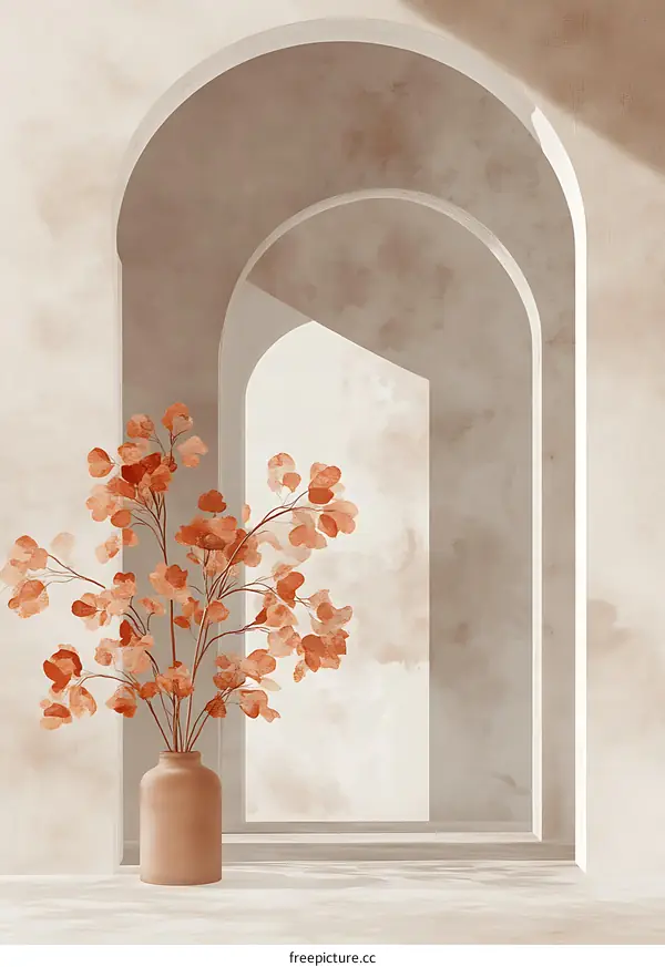 Abstract Watercolor Painting of Arches with a Flower Arrangement