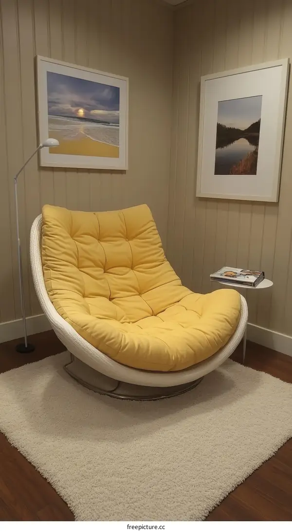Corner Reading Nook with Yellow Armchair and Pictures