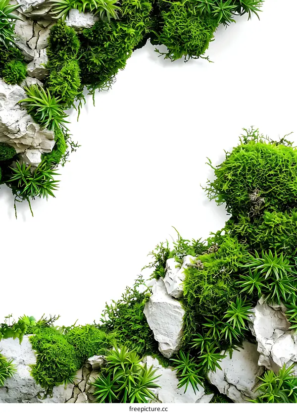 Green Moss and Stone Border on White Background