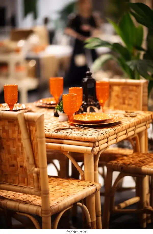 Rattan Table with Orange Decorations