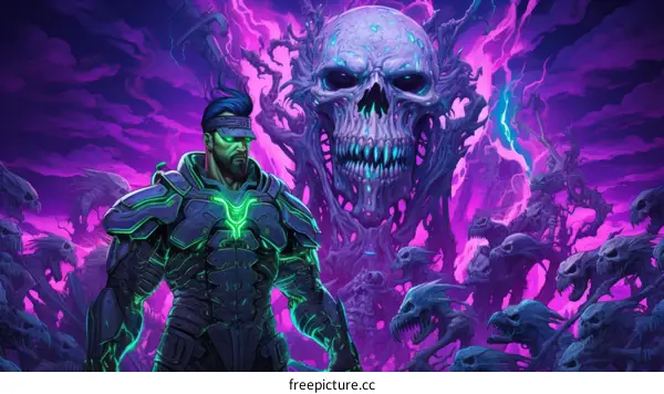 A warrior standing in front of a giant skull with a horde of monsters approaching