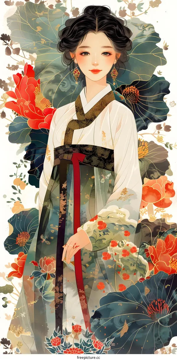 A beautiful illustration of a woman in a traditional Korean dress, surrounded by colorful flowers and plants.