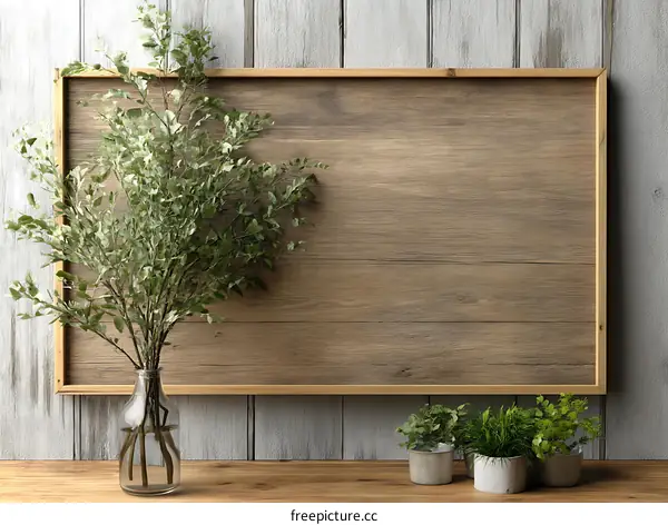 Wooden Frame with Greenery Arrangement Mockup