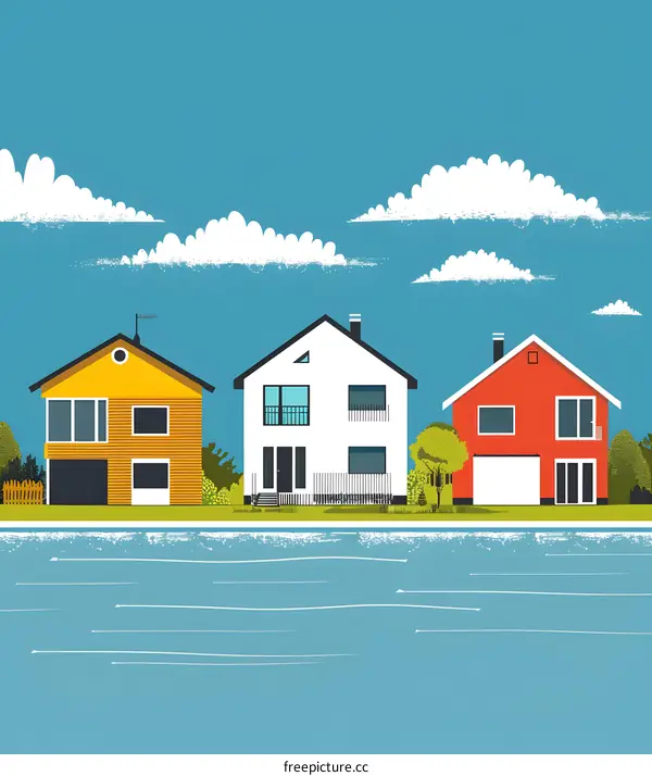 Illustration of Three Houses on the Water with a Blue Sky