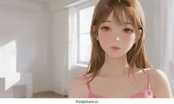 A Young Woman with Long Brown Hair Wearing Pink Camisole