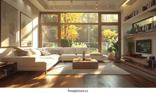 Modern Living Room With Large Window And View Of Forest