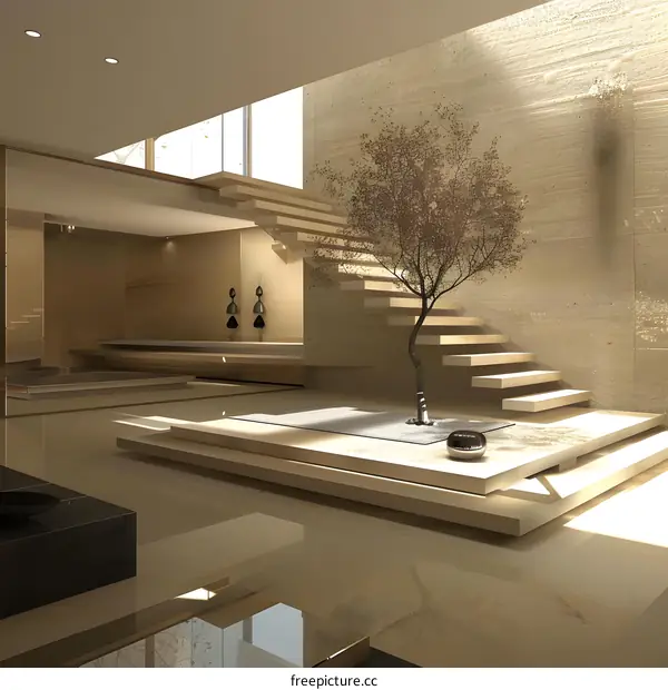 Minimalist Modern Home Interior Design with Beige Walls, Wooden Stairs, and a Small Tree