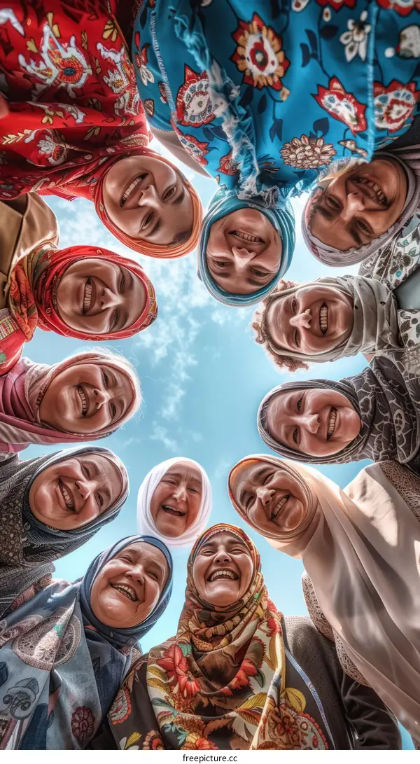 A group of Muslim women wearing headscarves are looking down at the camera and smiling.