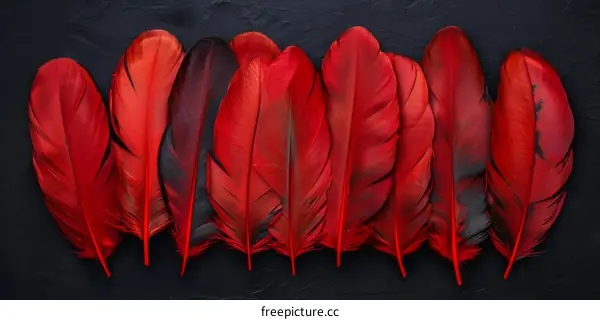 Red Parrot Feathers on Black Background