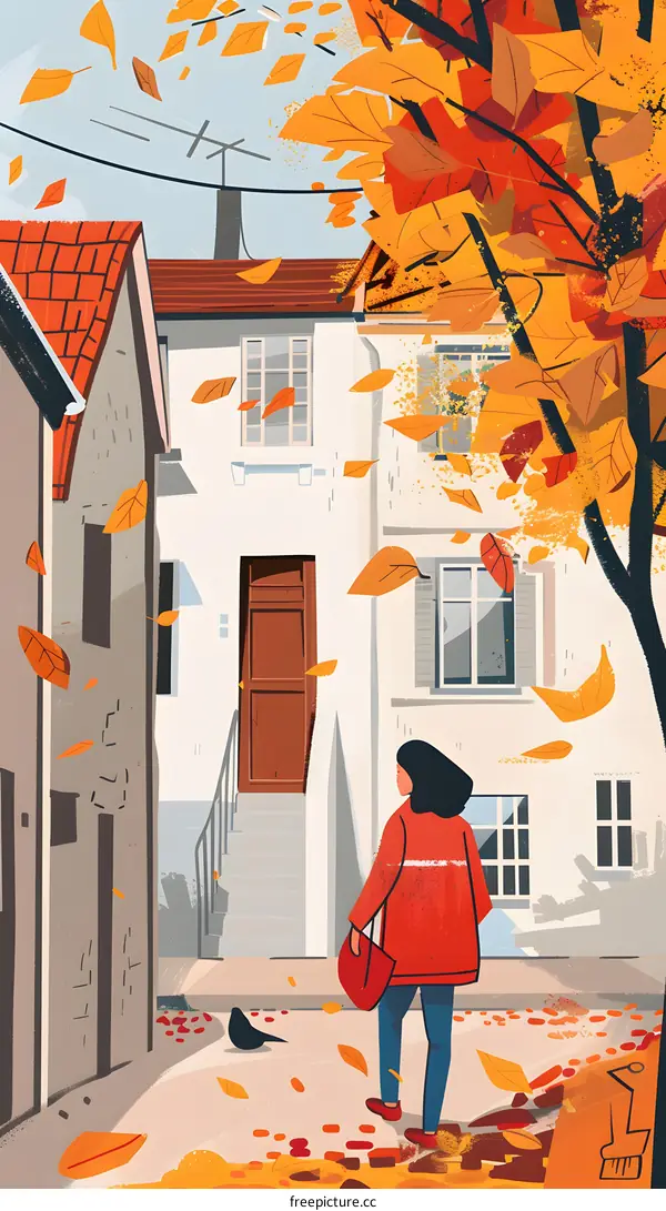 Woman Walking Through Autumn Leaves In Front of White House