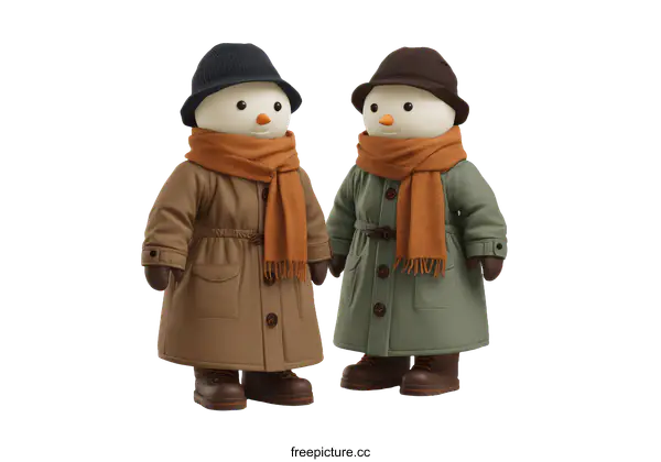 [Transparent Background PNG]Two Cartoon Snowmen in Winter Coats
