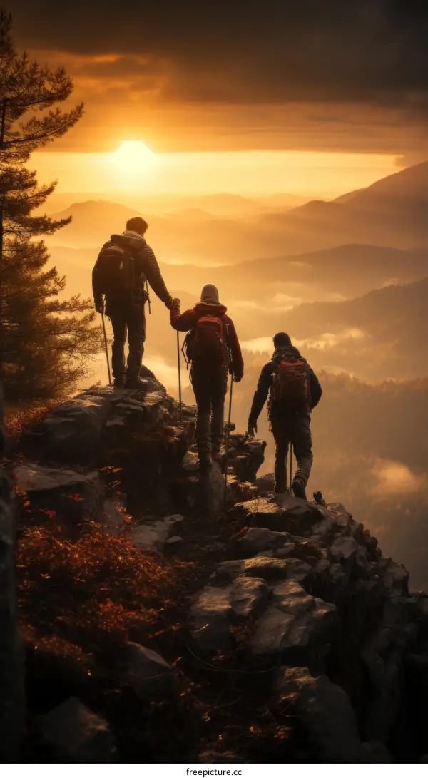 Three hikers on a mountaintop at sunset