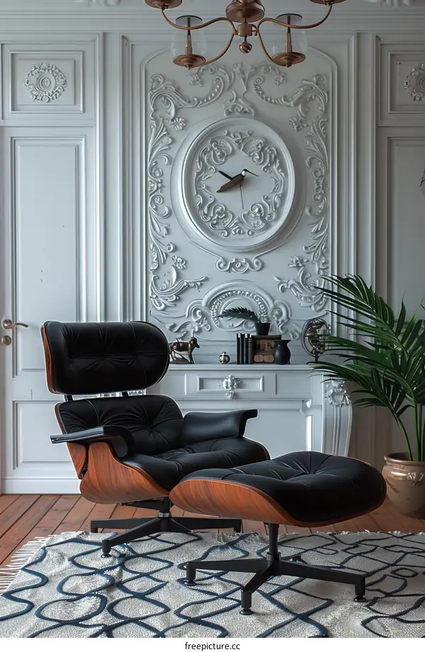 Mid-Century Modern Lounge Chair and Ottoman in a Classic Interior