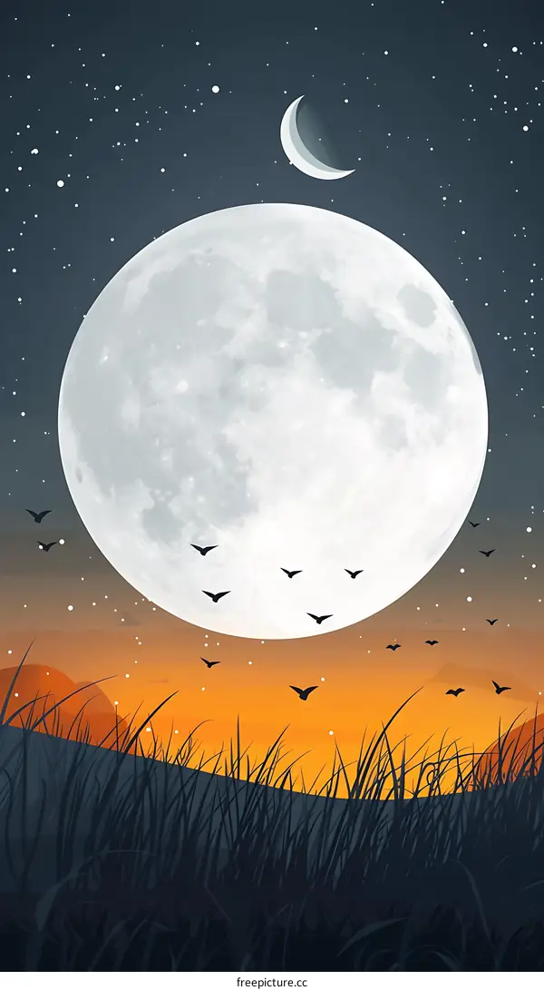 Night Sky With Full Moon and Crescent Moon Illustration