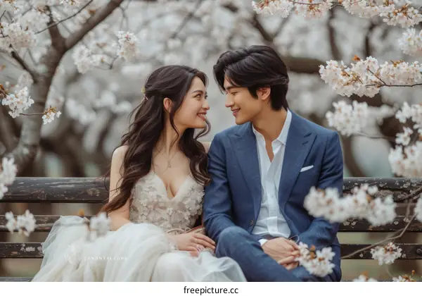 Asian couple sitting on a bench in a park with cherry blossoms
