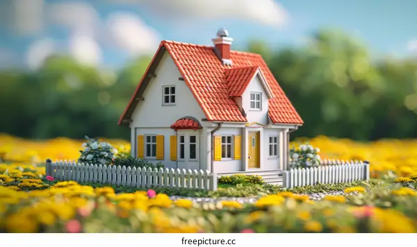 Charming Cottage Nestled in a Vibrant Field of Flowers