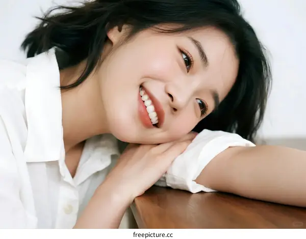 A Young Woman with Short Black Hair Leaning on Wooden Table