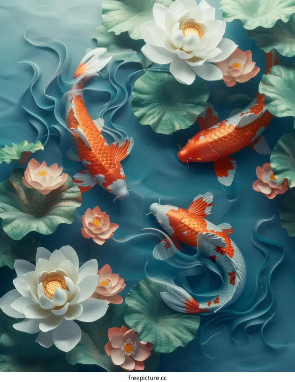 Three koi fish swimming in a pond with water lilies