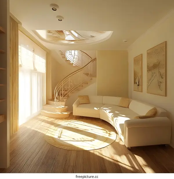 Modern Interior Design with White Sofa and Curved Staircase