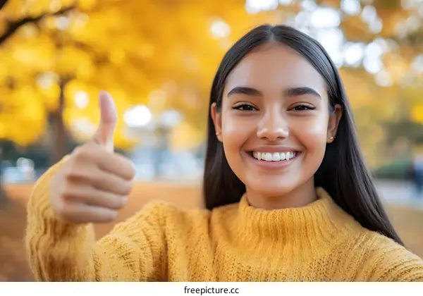 Young Woman With Thumbs Up in Autumn Park