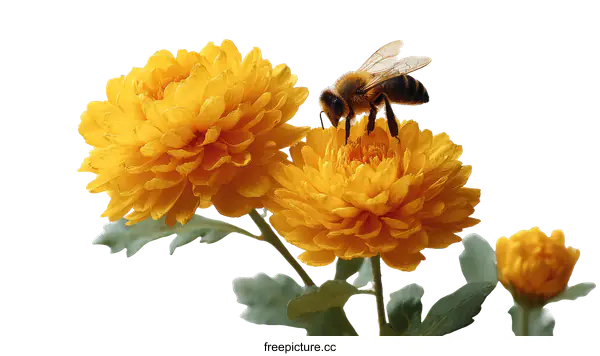 [Transparent Background PNG]Beautiful Yellow Chrysanthemum with Honeybee