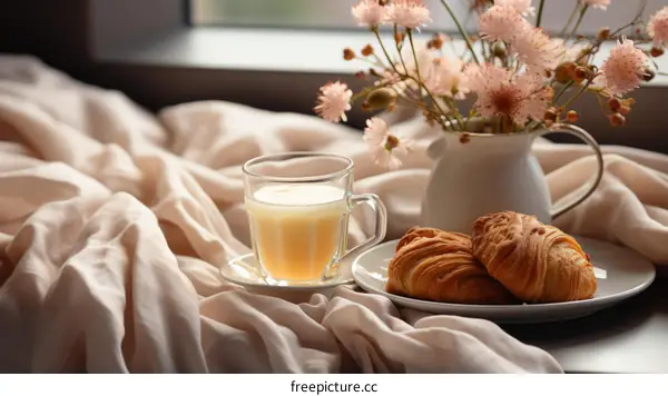Still life with croissants, flowers and milk