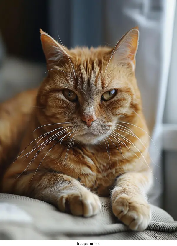 A ginger cat is sitting on a couch and looking at the camera