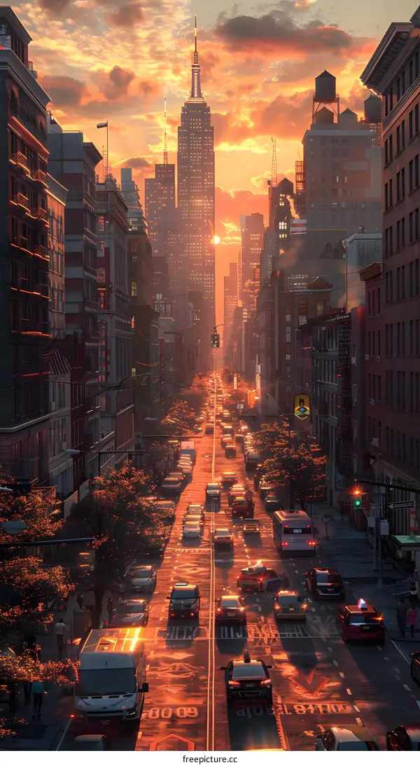 A busy street in New York City with the Empire State Building in the background