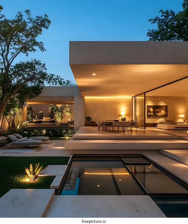 Modern Minimalist House with Pool and Garden at Dusk