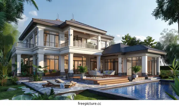 A luxurious house with a pool and a beautiful garden