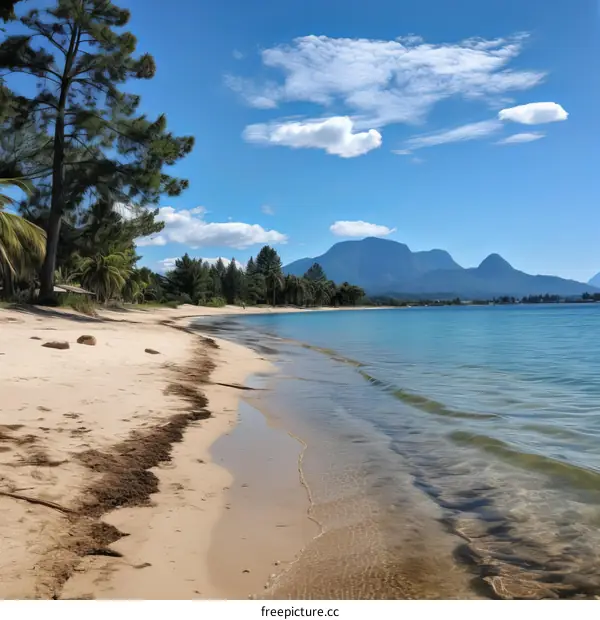 Beach scene with blue water, white sand, and green palm trees