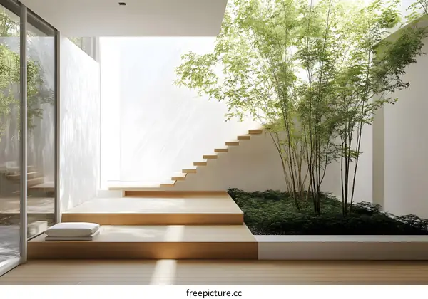 Modern Minimalist Interior Design With Wooden Stairs and Greenery