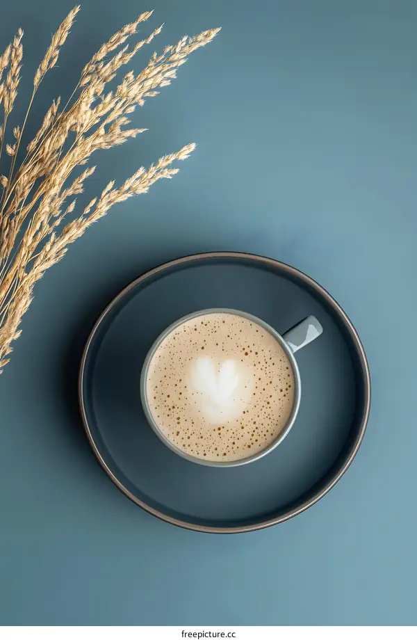 Top View of a Cup of Latte with Dried Grass on a Blue Background